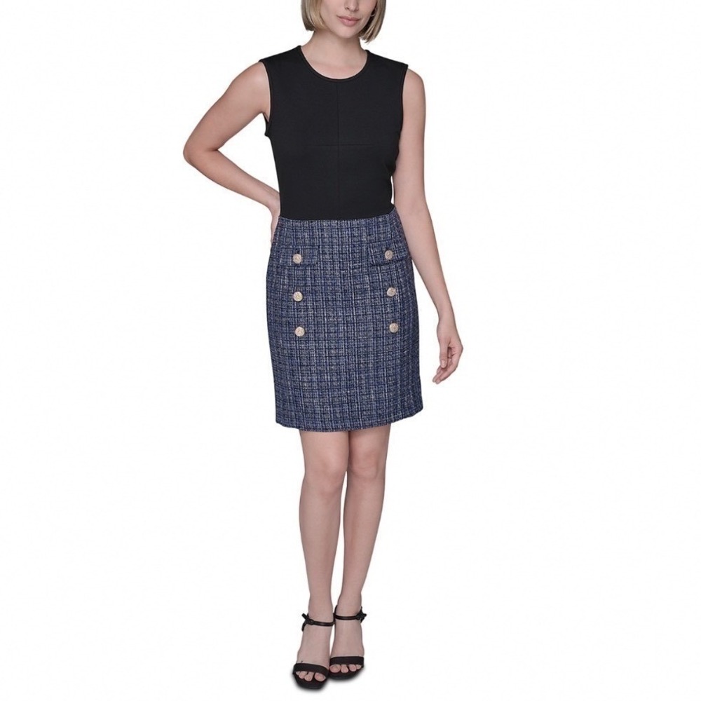 Karl Lagerfeld Paris Mixed Media Tweed Skirt Sheath Dress Black Blue Size 14